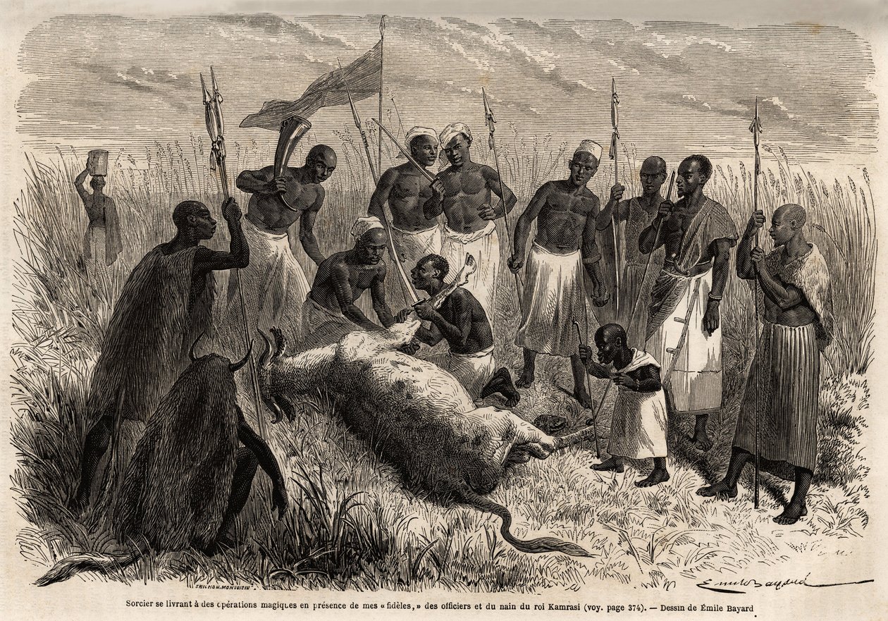 Een tovenaar voert magische handelingen uit op een geslachte os in Oeganda, tekening door Emile Bayard (1837-1891), ter illustratie van de ontdekkingsreis van Kapitein Speke in Afrika van 1860 tot 1863. Gravure in "Le tour du monde", uitgegeven door Edouar door Emile Antoine Bayard