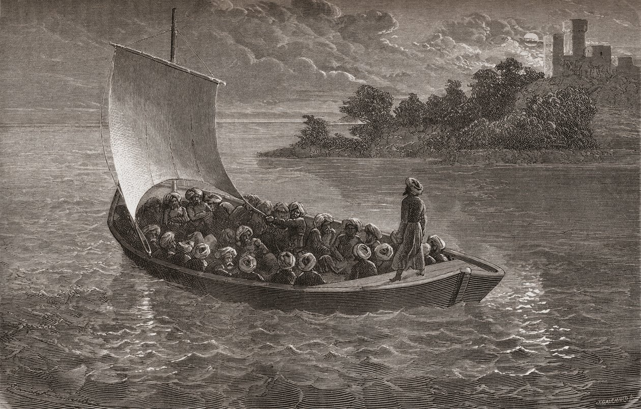 Arminio Vambery en zijn metgezellen varen over de Kaspische Zee in 1863, illustratie uit 