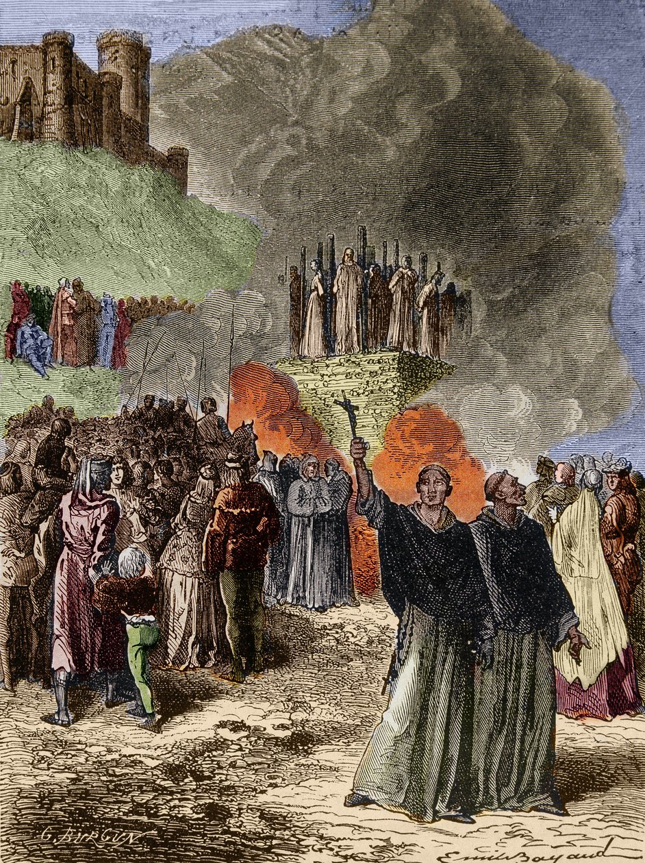 Kruistocht tegen de Albigenzen - De laatste verdedigers van Montsegur (Kathaar) verbrand op de brandstapel in 1244 - Gravure door Emile Bayard naar G. Burgun door Emile Antoine Bayard