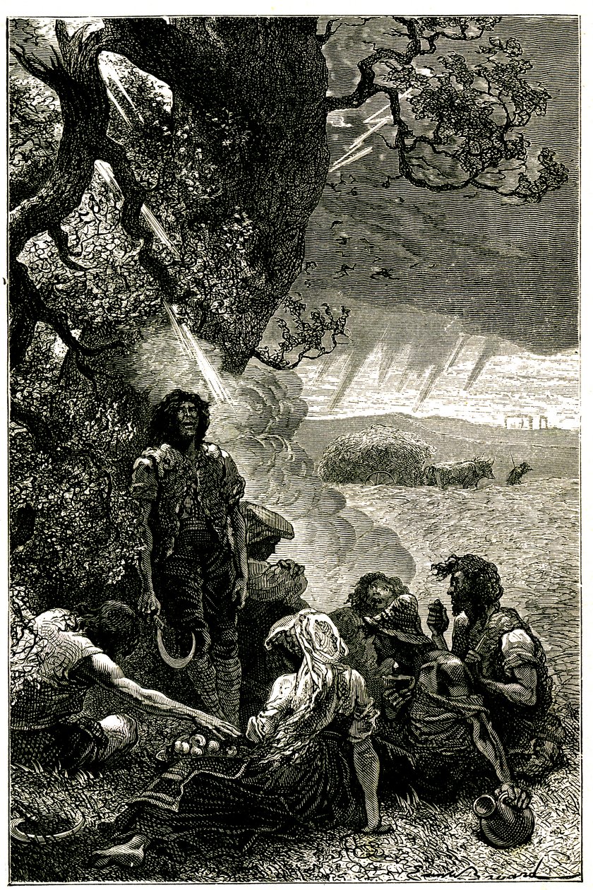 Groep oogsters getroffen door bliksem terwijl ze schuilden onder een boom tijdens een storm door Emile Antoine Bayard