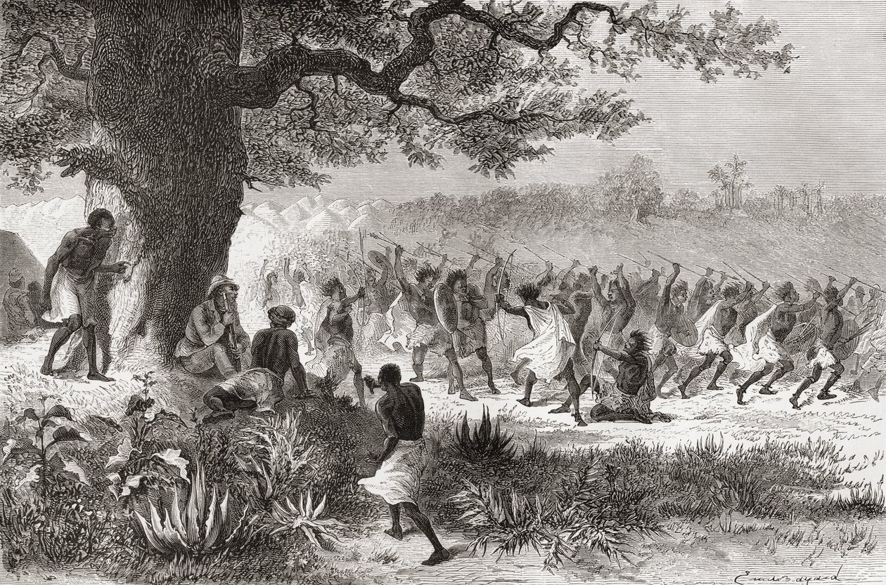 Henry Morton Stanley kijkt naar de Vouagogos-stam die zich voorbereidt op de strijd tijdens zijn expeditie in 1871, illustratie uit 