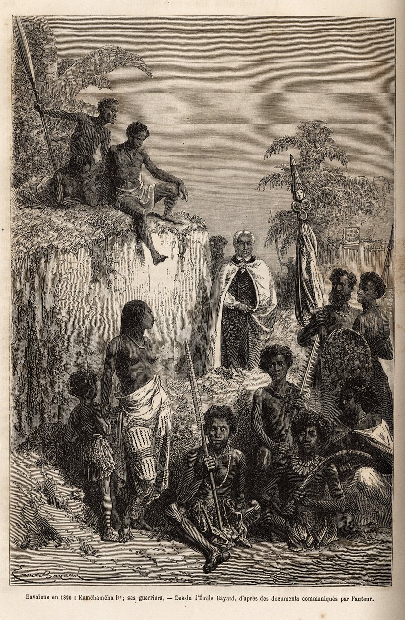 Kamehameha I (ca. 1758-1819), koning van de Hawaiiaanse eilanden en stichter van hun eenheid, omringd door Hawaiiaanse krijgers en enkele onderdanen in Honolulu, gravure naar de tekening van Emile Bayard, ter illustratie van de reis naar de Sandwich-eiland door Emile Antoine Bayard
