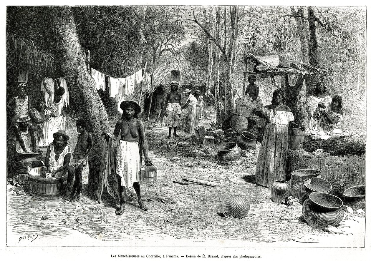De wasvrouwen in Chorillo, Panama, gravure naar een tekening door E.Bayard, ter illustratie van het verhaal Exploratie op de isthmus van Panama en Darien, door A. Reclus, luitenant van het schip, van 1876 tot 1878, gepubliceerd in Le tour du monde, onder l door Emile Antoine Bayard