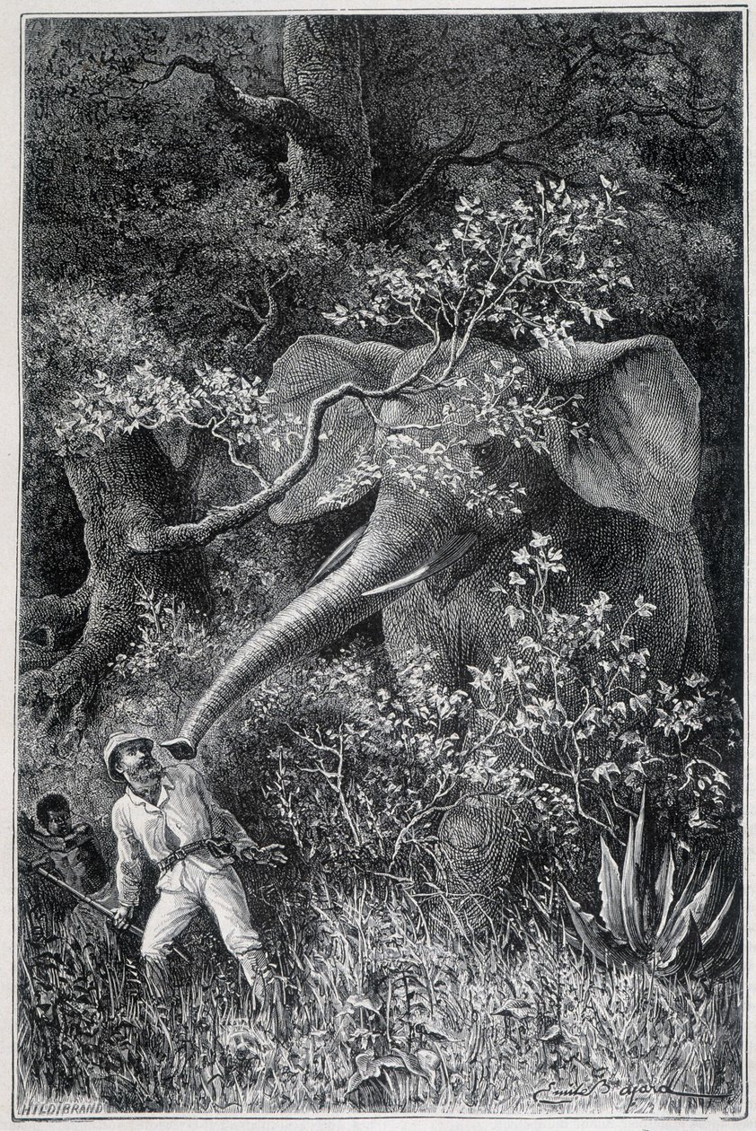 Livingstone verrast door een olifant, in "Le Tour du Monde" door Emile Antoine Bayard