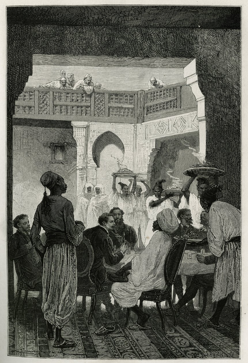 Lunch bij de minister van oorlog, hoofddeksel van een tulband, tegenover de auteur van het verhaal, aankomend door de hof, een rij bedienden die de gerechten van de maaltijd dragen, gravure door Emile Bayard, ter illustratie van het verhaal van Marokko doo door Emile Antoine Bayard