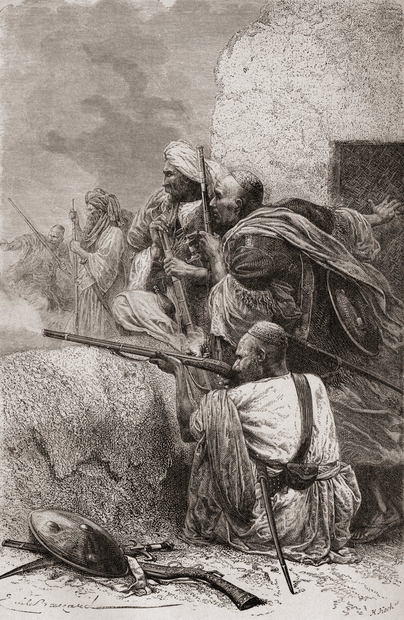 Noord-Afghaanse rebellen vechten tegen de Britten in de bergen van Hazara, Pakistan, tijdens de Britse overheersing, 1878 door Emile Antoine Bayard