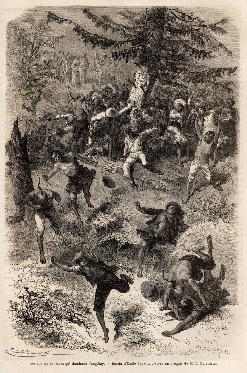 Ruzie op de hoogten die Tong-hay (of Tong hay) domineren, een van de leden van de expeditie die op de hoogten van de stad vertrok om naar de natuur te tekenen, wordt gevolgd door een menigte nieuwsgierigen, die een algemene vechtpartij verklaren, elk wense door Emile Antoine Bayard