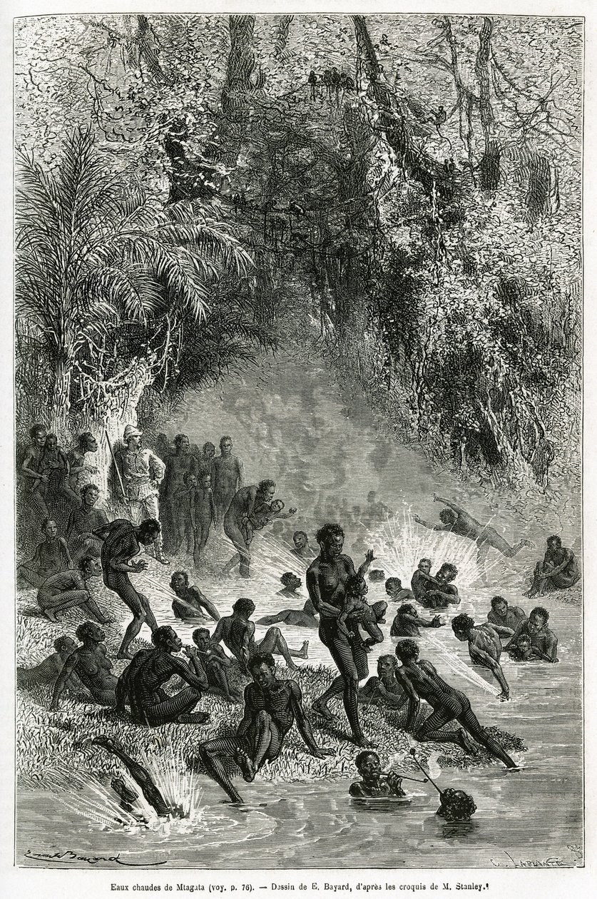 Sir Henri Morton Stanley (1841-1904) te midden van de baders van de Karagoue-regio (Kameroen), die in het hete en geneeskrachtige waterbassin van de Mtagata-kloof duiken, tekening door Emile Bayard, ter illustratie van het verhaal "Door het mysterieuze con door Emile Antoine Bayard