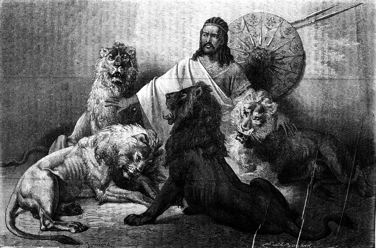 De Keizer (ras) Theodoros van Abessinië omringd door zijn leeuwen. gravure uit de helft van de 19e eeuw. Illustratie door Emile Bayard. door Emile Antoine Bayard