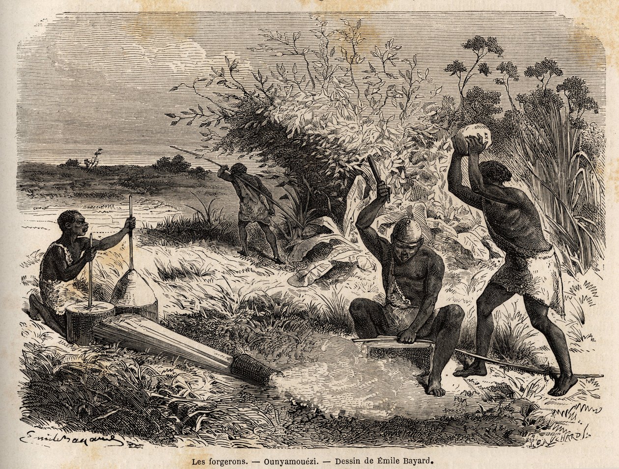 De smeden, in de ounyamouezi (Grote Meren regio, Afrika), tekening door Emile Bayard (1837-1891), ter illustratie van de ontdekkingsreis in Afrika, van 1860 tot 1863 van kapitein Speke. Gravure in "Le tour du monde", uitgegeven door Edouard Charton door Emile Antoine Bayard