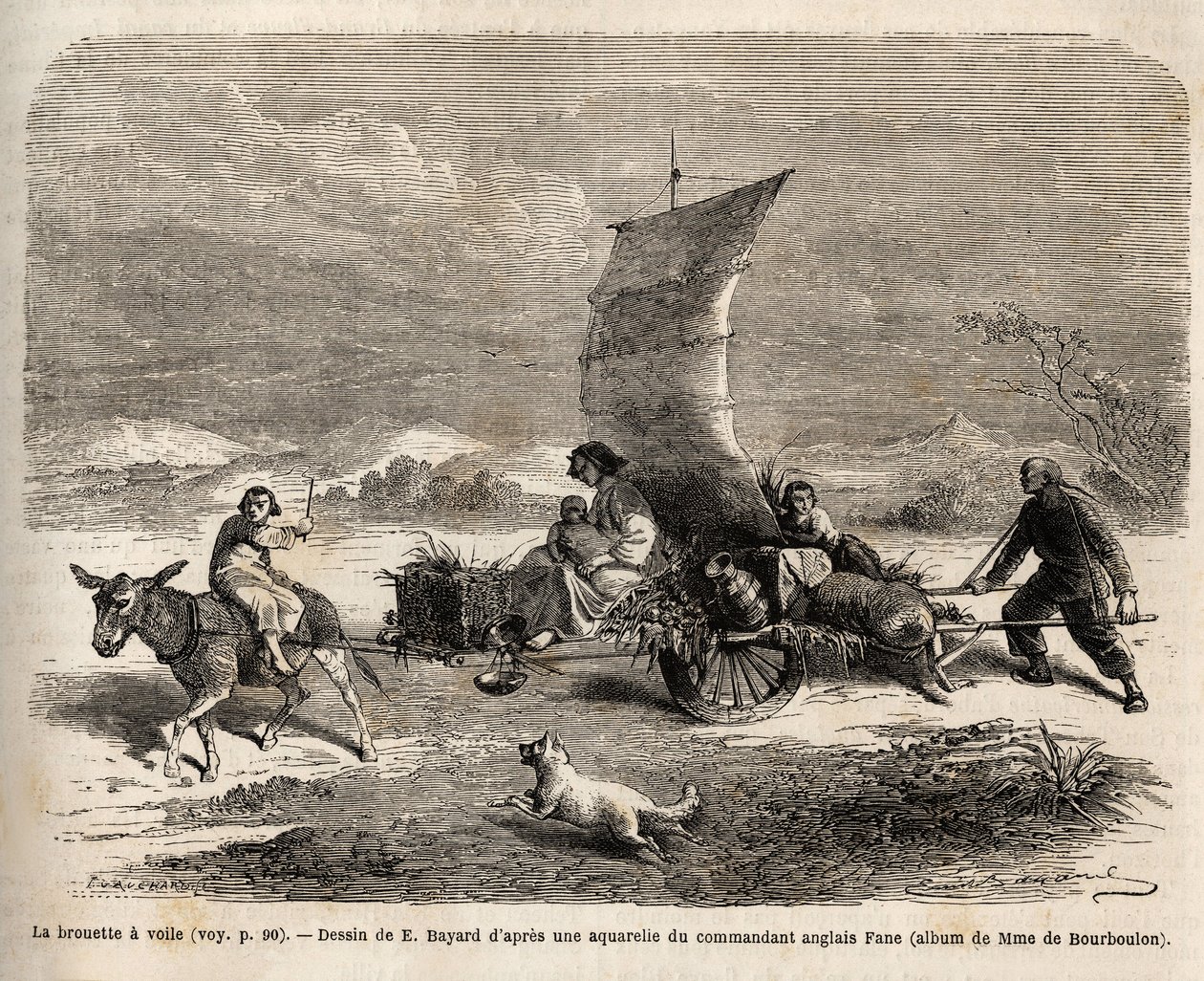 De zeilkruiwagen, vervoerssysteem gebruikt in Noord-China, tekening door E.Bayard, ter illustratie van de reis van Shanghai naar Moskou door Emile Antoine Bayard