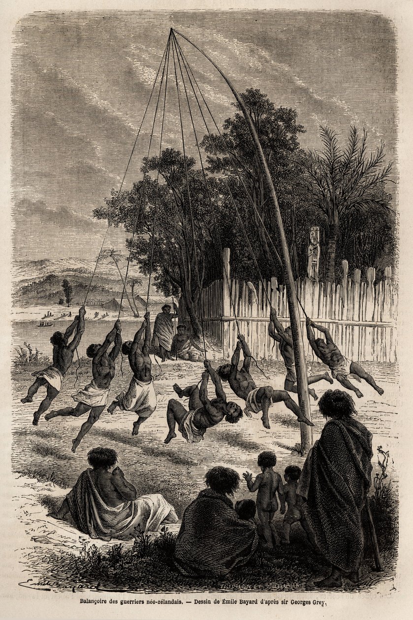 De schommel van Nieuw-Zeelandse krijgers op de landengte van Auckland, tekening door Emile Bayard (1837-1891), ter illustratie van Ferdinand de Hochstetter