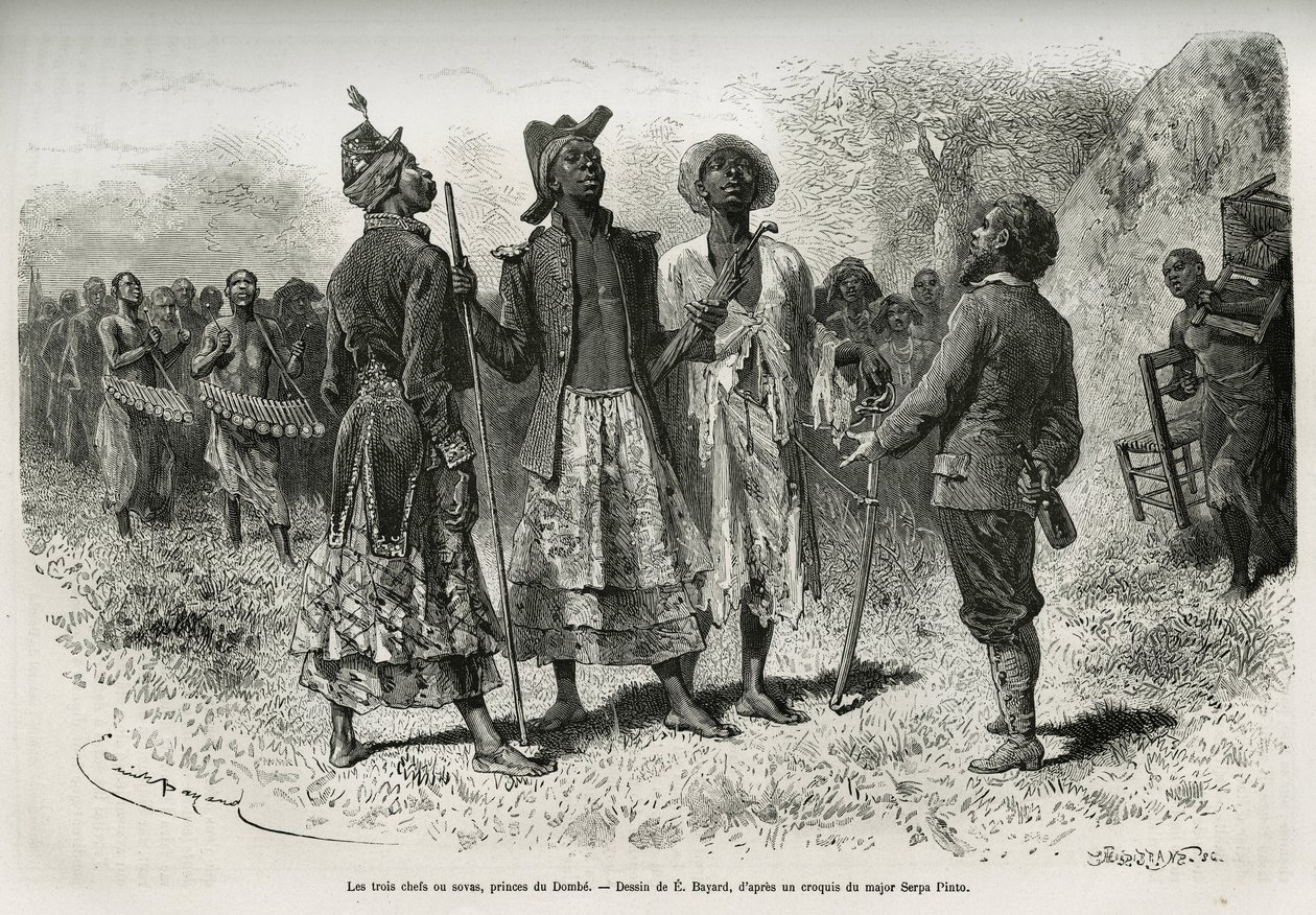 De drie conducteurs (of sovas), prinsen van Dombe (Angola), en hun suite van muzikanten en hovelingen, komen de ontdekkingsreiziger S.Pinto ontmoeten. Gravure door Emile Bayard, ter illustratie van het verhaal hoe ik Afrika heb doorkruist, van de Atlantisc door Emile Antoine Bayard