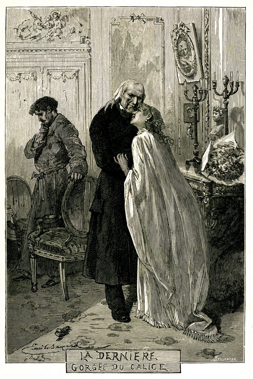 Victor Hugo "Les Misérables", "De laatste slok van de kelk". Illustratie door Emile Bayard. De voormalige dwangarbeider Jean Valjean werd oud met Cosette en Marius. Gravure van de editie Ollendorff 1906 door Emile Antoine Bayard