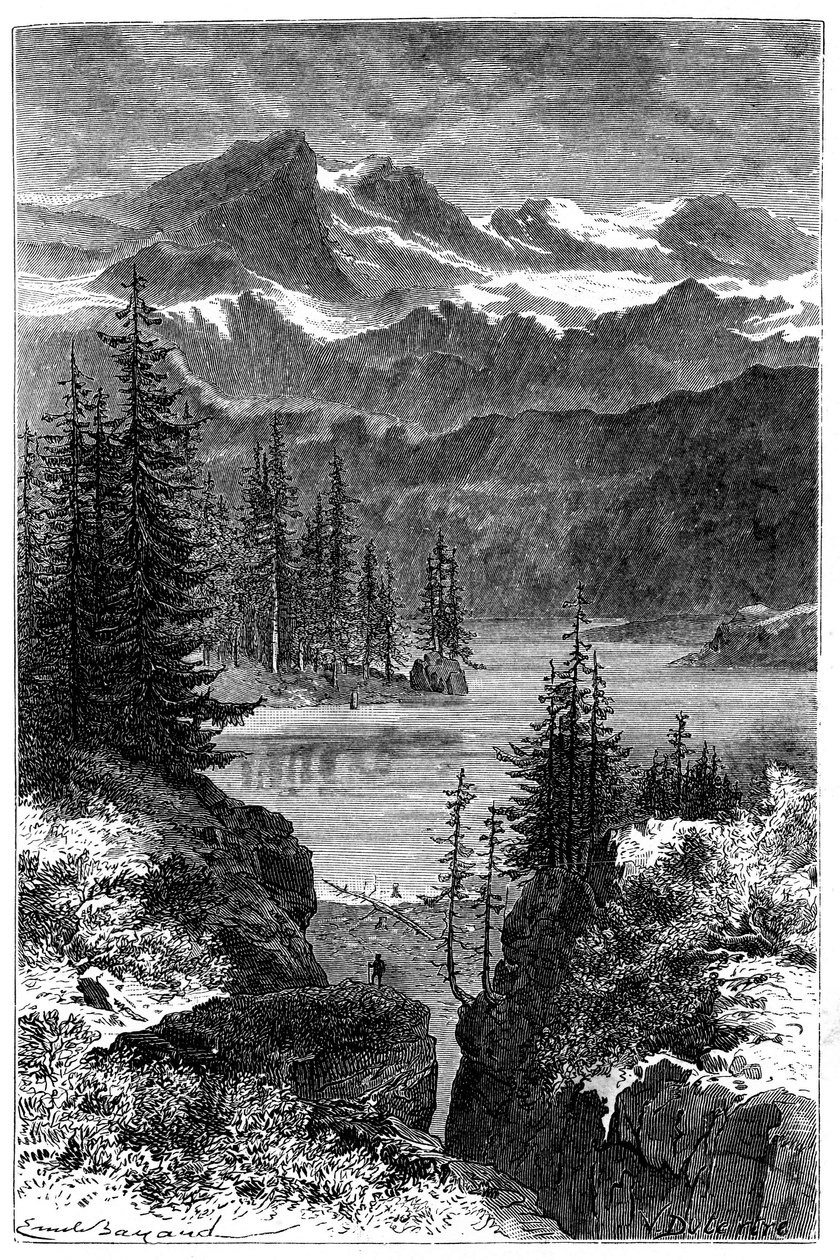 Uitzicht op de Alpen: bos, meer, pieken. Illustratie door Emile Bayard voor het boek Les Montagnes van Albert Dupaigne, editie Mame 1881 door Emile Antoine Bayard