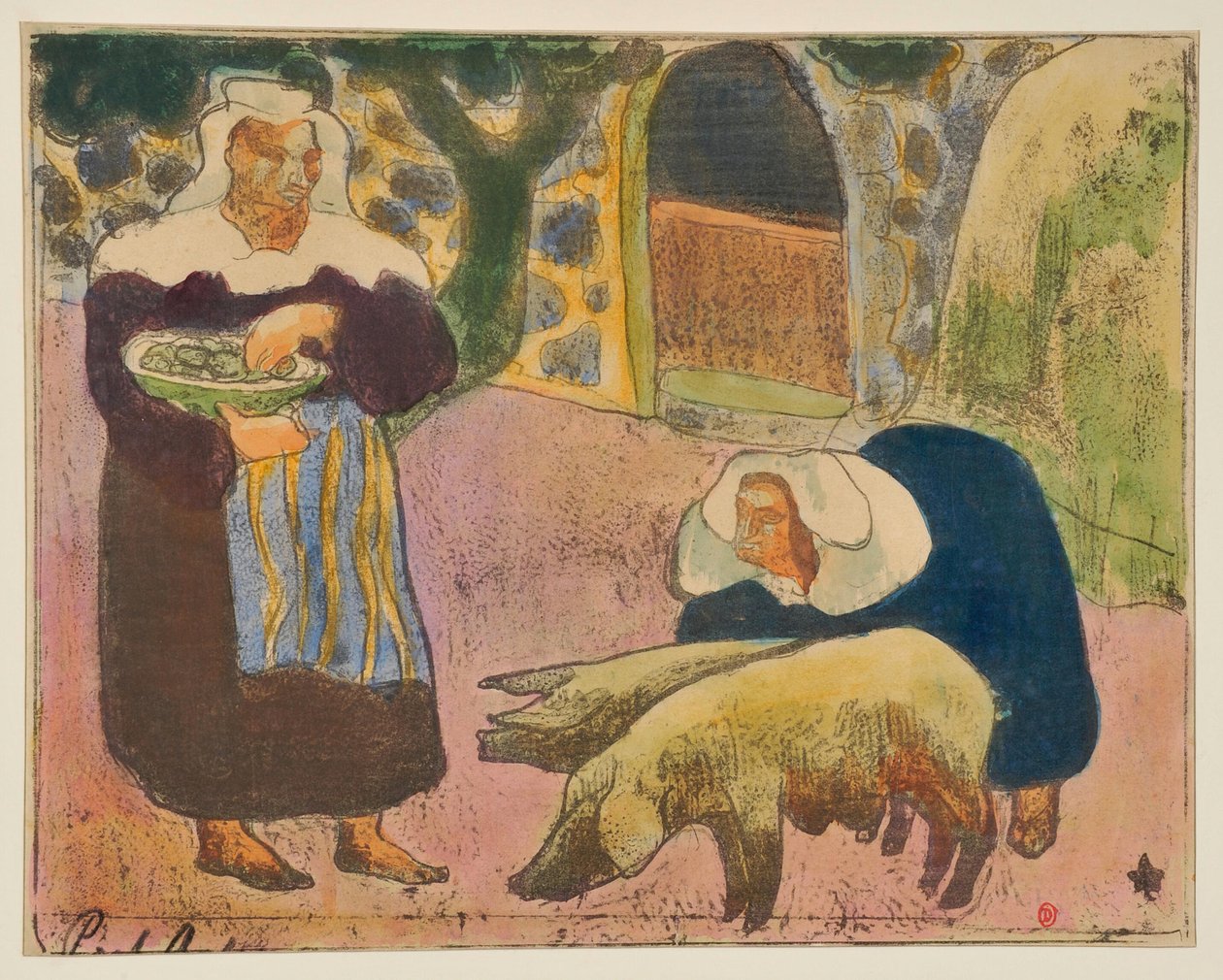 Bretonse vrouwen die de varkens voeren door Emile Bernard