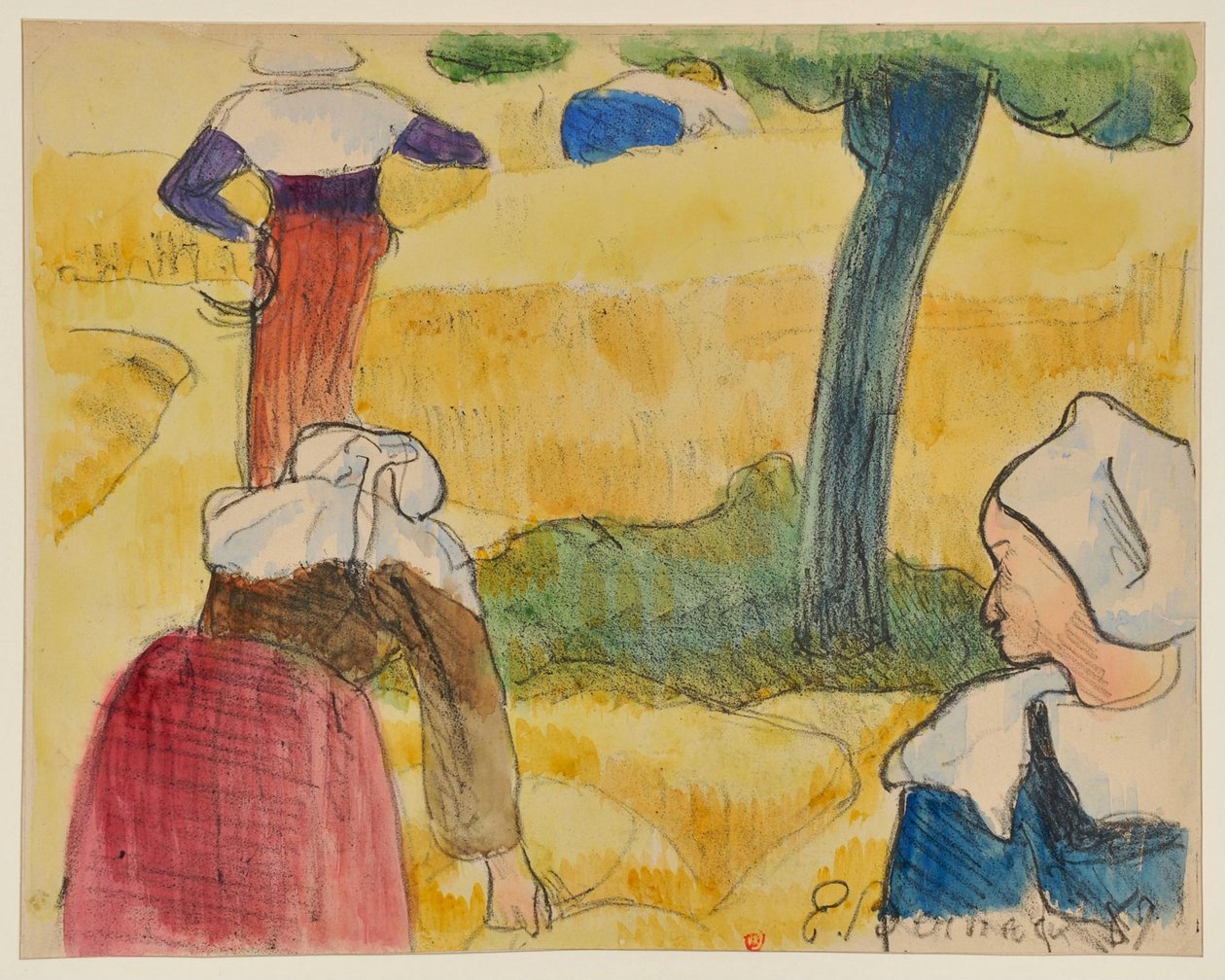 Vrouwen die oogsten - De aanbidding der herders - De maaier [proefdruk A] door Emile Bernard