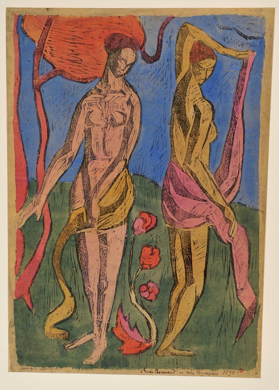 Die Nymphen: Badende mit roten Blumen door Emile Bernard