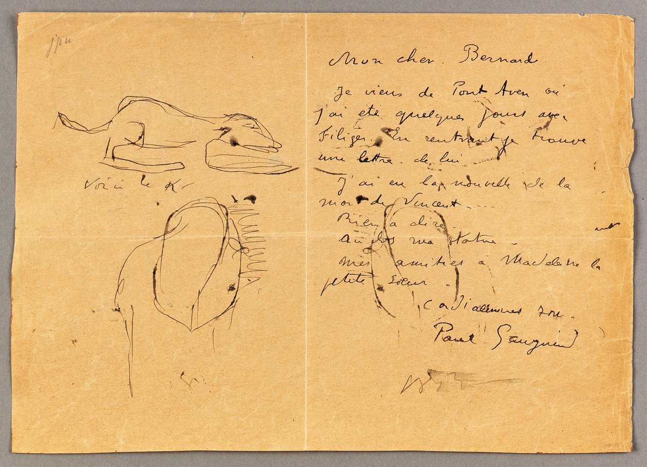 Brief aan Emile Bernard met drie inkttekeningen, waarin het overlijden van "Vincent" wordt vermeld, Tahiti, 1890s door Emile Bernard