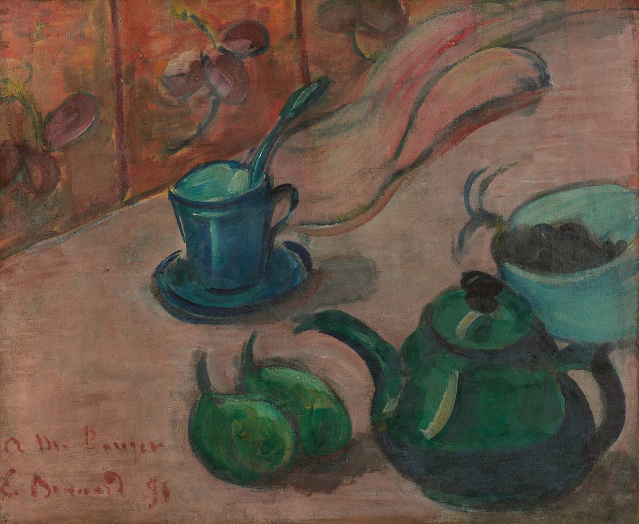 Stilleven met theepot, kopje en fruit, 1890 door Emile Bernard