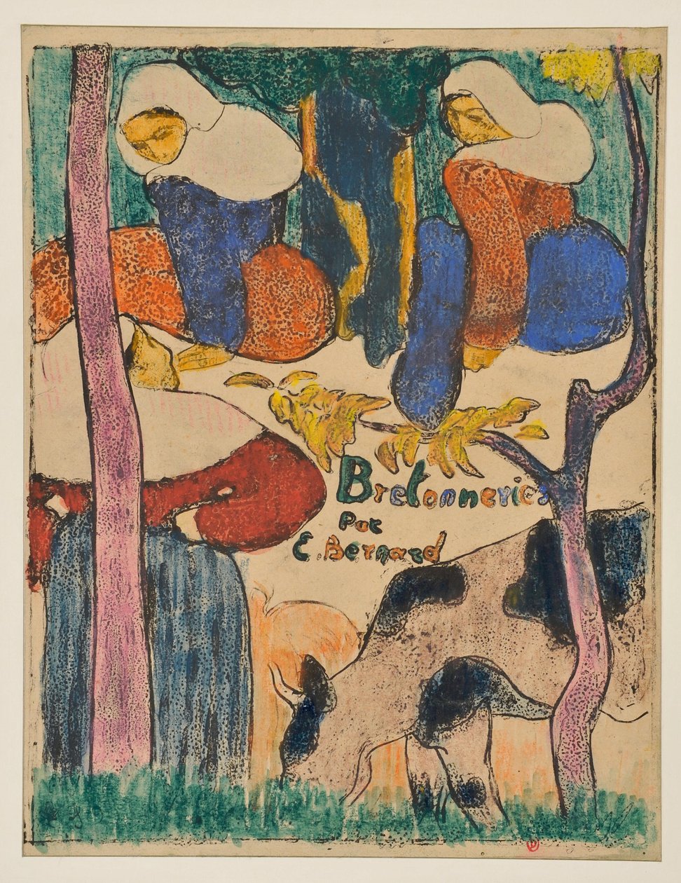 Drei Frauen und eine Kuh auf einer Wiese door Emile Bernard