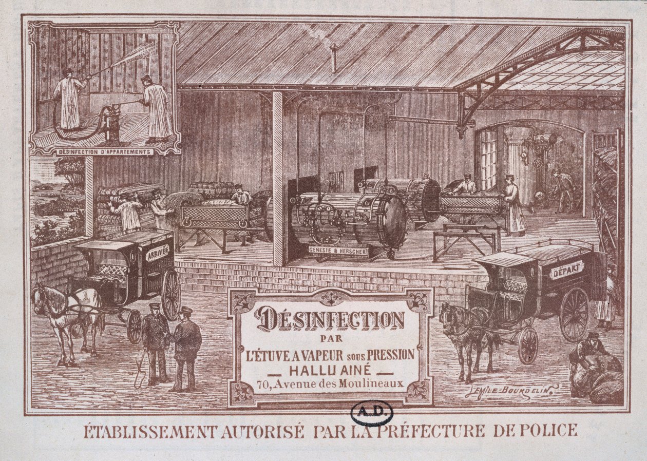 Poster die reclame maakt voor machines voor desinfectie door stoom, geproduceerd door Hallu Aine door Emile Bourdelin