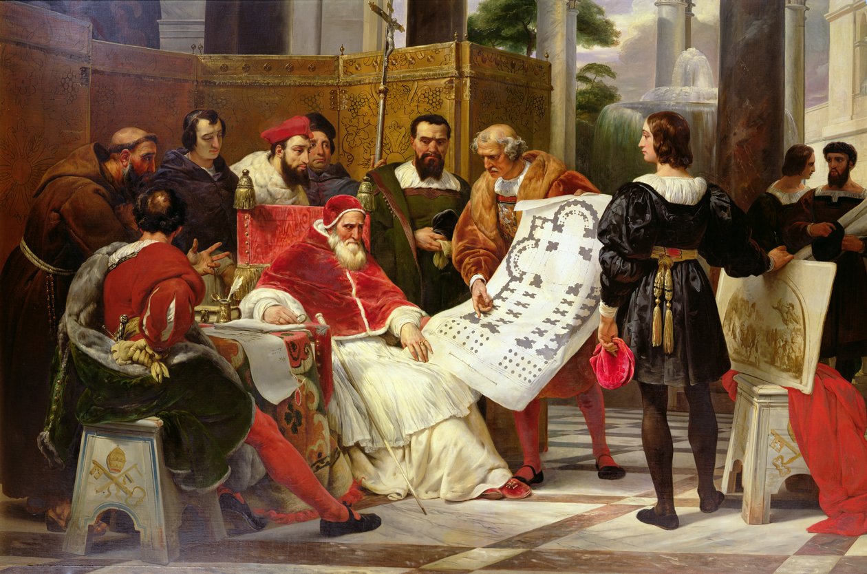 Paus Julius II beveelt Bramante, Michelangelo en Raphael om het Vaticaan en St. Pieter te bouwen, 1827 (detail) door Emile Jean Horace Vernet