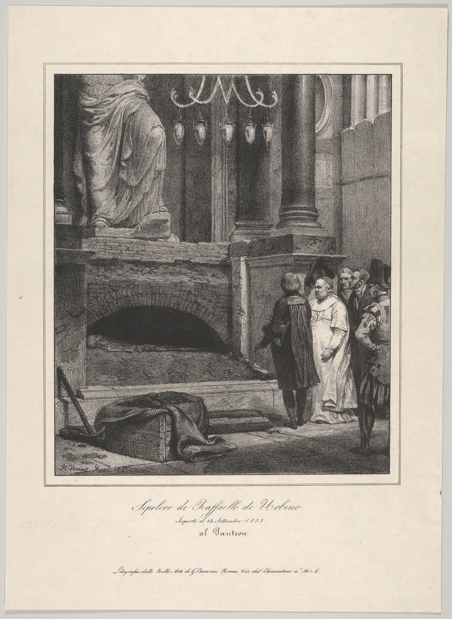 Het graf van Raphael, geopend op 14 september 1833, Pantheon, Rome door Emile Jean Horace Vernet