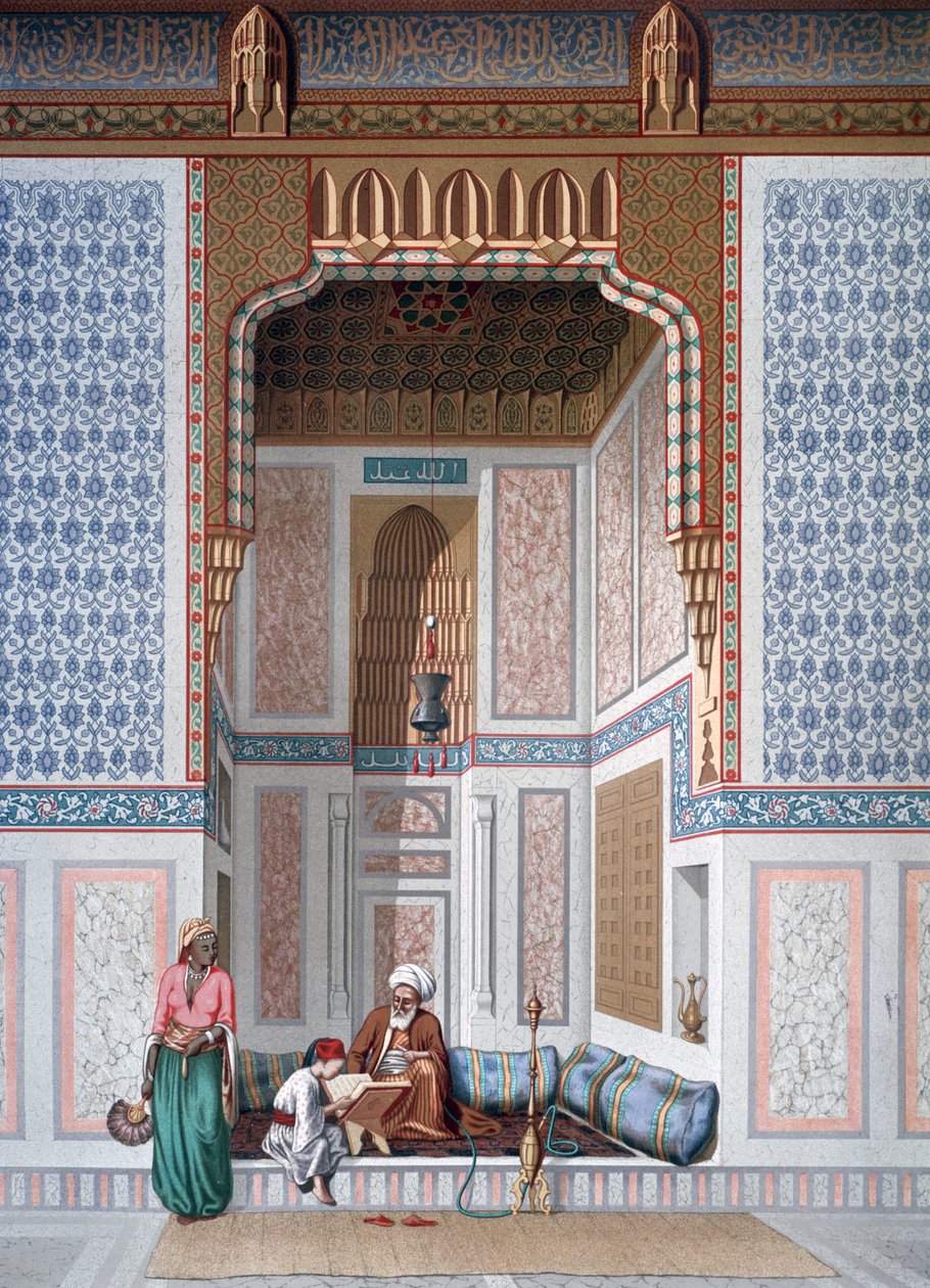 Interieur van de moskee van Khosne Ahmed el-Bordeyny. Chromolithografie naar Emile Prisse d