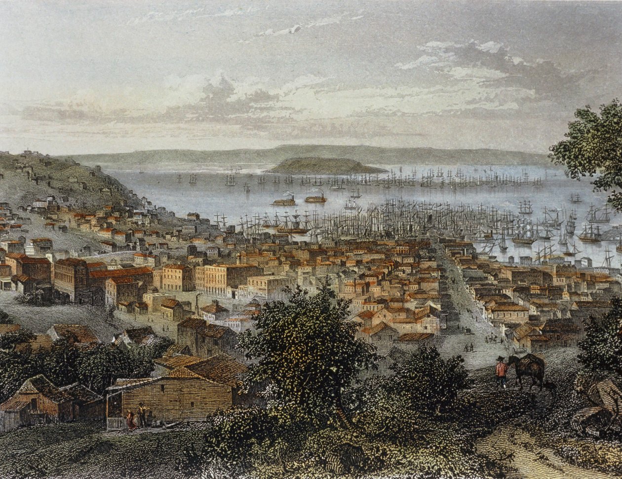 Gezicht op San Francisco, Californië, Verenigde Staten. Gravure ... (gravure) door Emile Rouargue