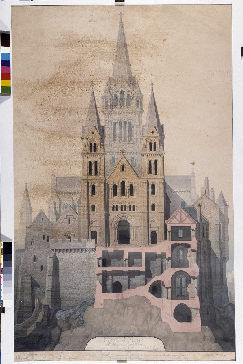 Gotische architectuur: gevel van de kerk en doorsnede van abdijhuizen. Tekening van het Gemeentemuseum van Avranches (Manche) door Emile Sagot