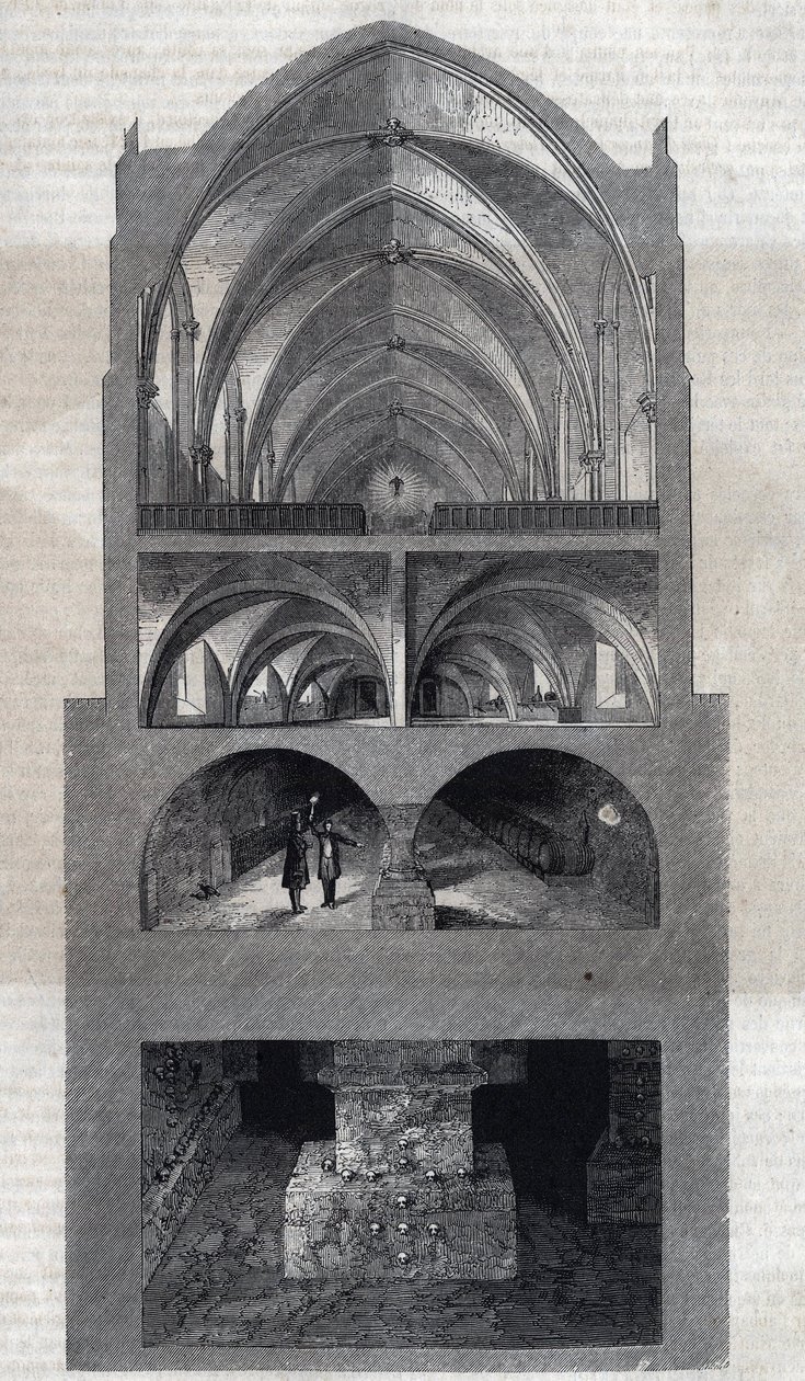 Doorsnede van het Napoleon-lyceum in Parijs (tegenwoordig Lycée Henri IV). Van boven naar beneden: de refter, de keuken, de kelders, de catacomben. Gravure door Therond. In 