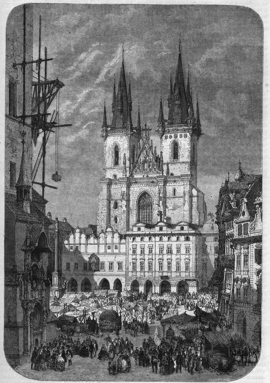 Gotische architectuur: buitenaanzicht van de Onze-Lieve-Vrouwekerk van Tyn (Teynkirche) in Praag. De bouw duurde van de helft van de 14e eeuw tot de 16e eeuw. Gravure door Therond in 