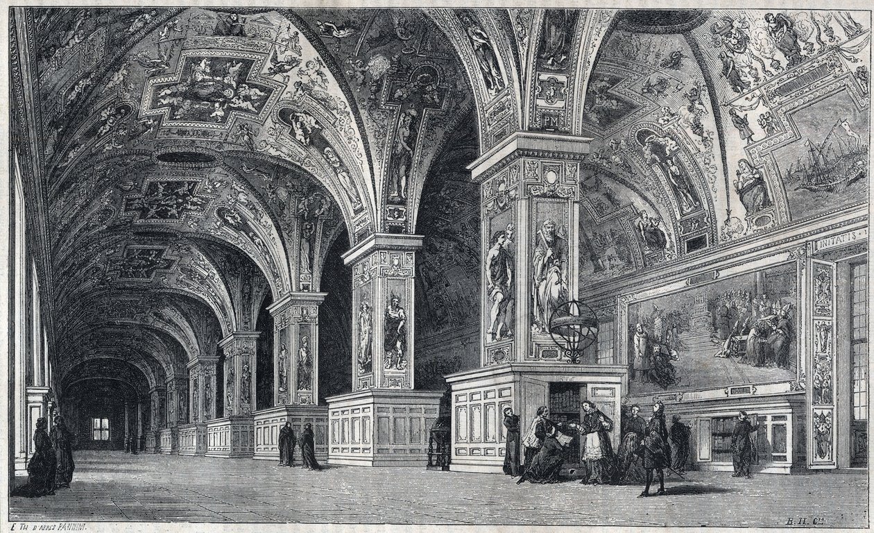 Interieur van de Vaticaanse bibliotheek in de 18e eeuw. Gravure door Therond naar een tekening van Francois Pannini door Emile Theodore Therond