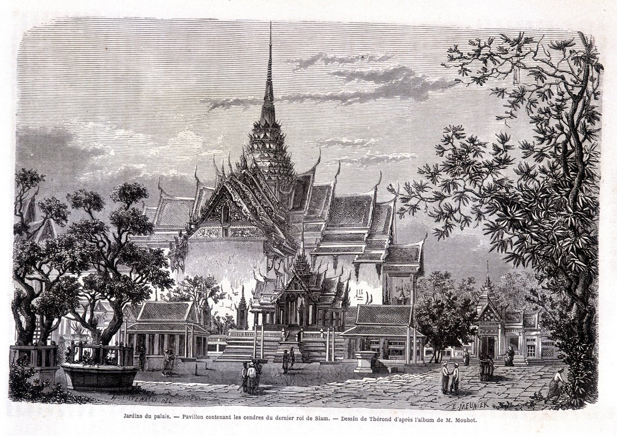 Paleistuin. Paviljoen met de as van de laatste koning van Siam. Tekening door Thérond uit het album van M. Mouhot. 