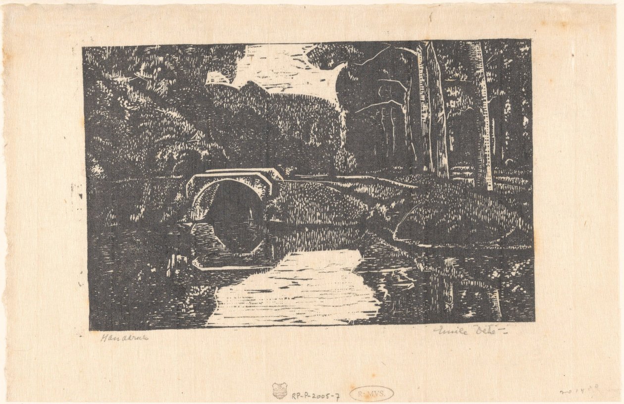 Brug over een gracht in een bos door Emilius Wilhelmus Dehé (signed by artist)