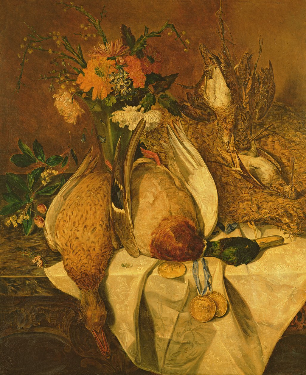 Stilleven met wilde eend, snippen en gouden medailles, ca. 1850 door Emily Stannard