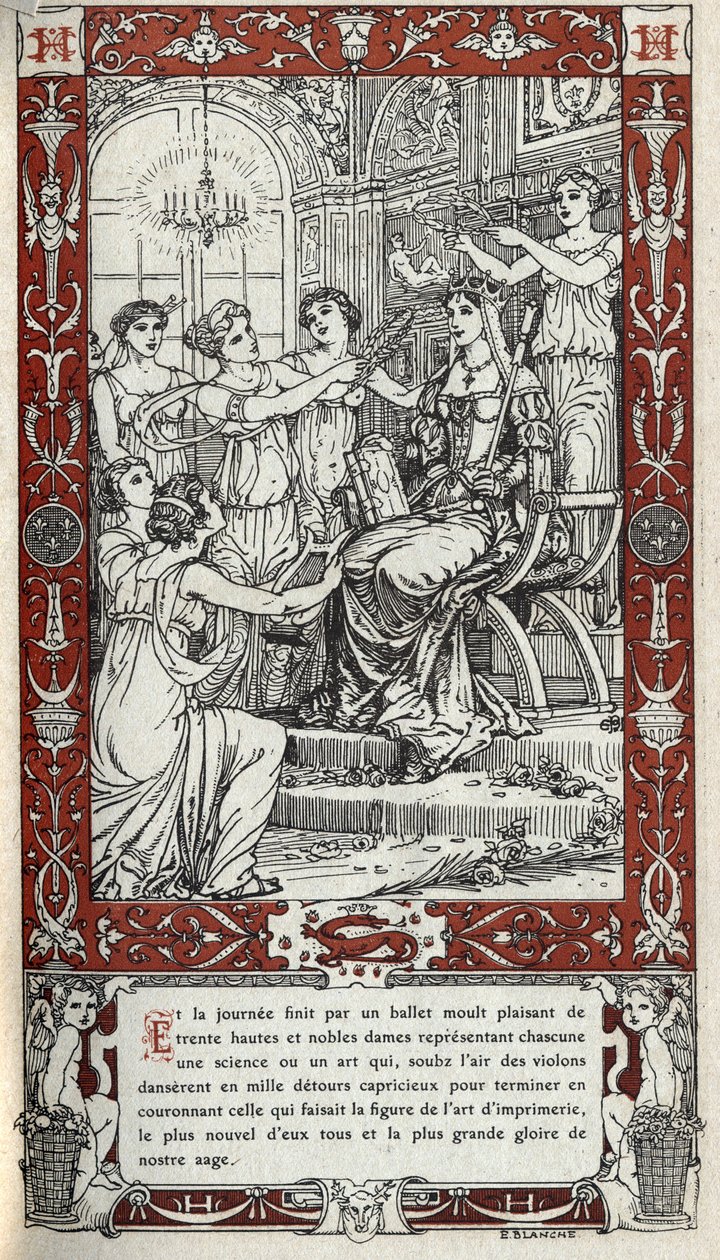 Ballet in het kasteel van Fontainebleau waarbij de dames van het hof van koning Hendrik II elk een wetenschap of kunst vertegenwoordigen. Gravure van 1914 door Emmanuel Blanche. Privécollectie door Emmanuel Blanche
