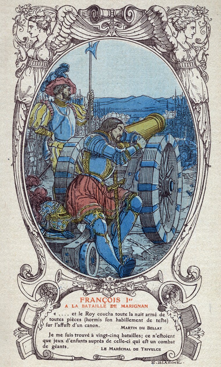 De koning van Frankrijk François I bij de Slag bij Marignano op 13 en 14 september 1515. Gravure van 1914 door Emmanuel Blanche. Privécollectie door Emmanuel Blanche