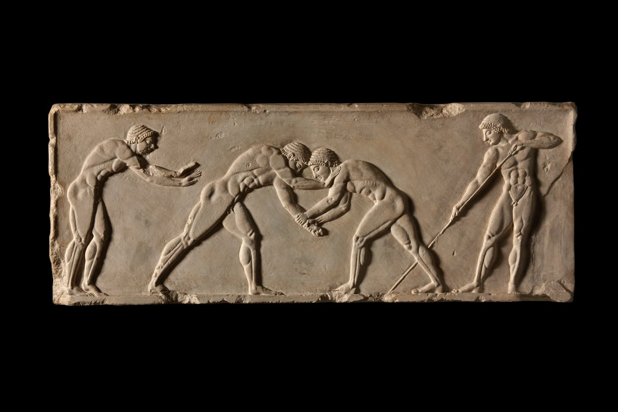 Ballspeler basis, voorkant. Deel van ballspeler basis van Endoios. Uit Athene, ca. 510 v.Chr. door Endoeus