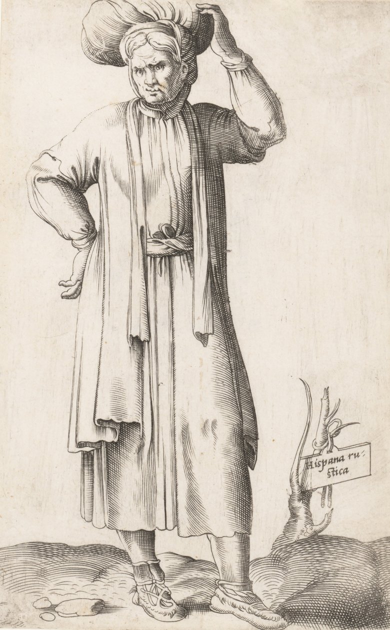 Kostuumplaat: Hispania Rustica met wasgoed op het hoofd, ca. 1557-58 door Enea Vico
