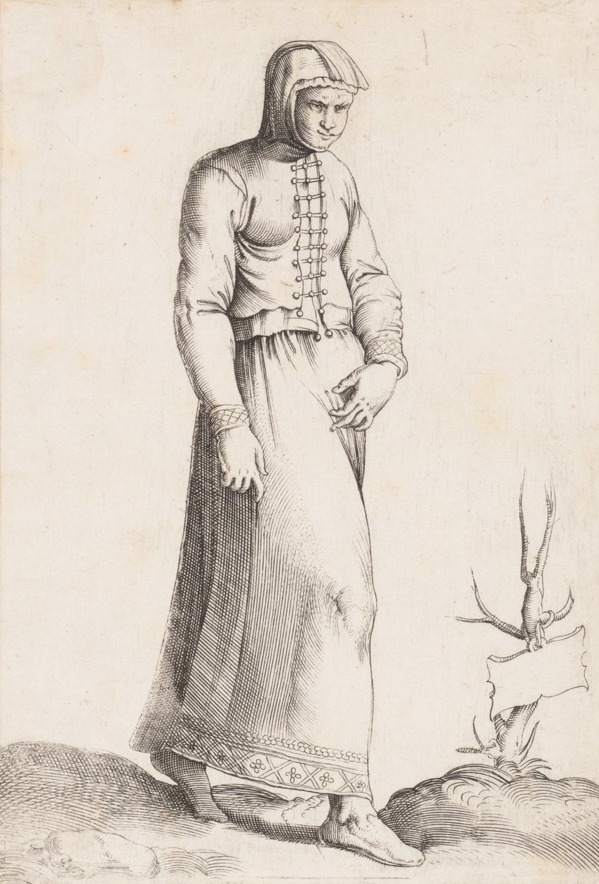 Kostuumplaat: Vrouw met kapmantel, ca. 1557-58 door Enea Vico