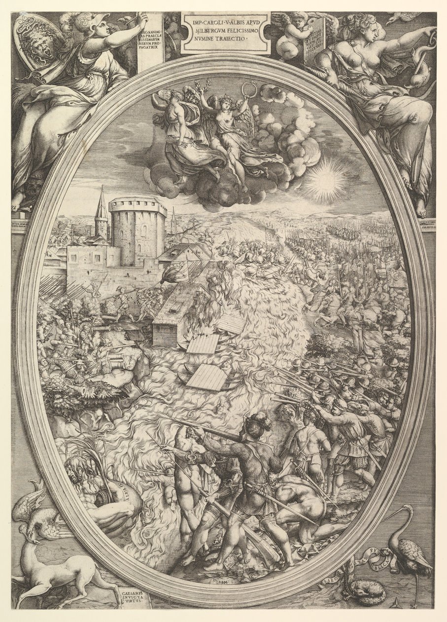 De Slag bij Mühlberg met het leger van Karel V dat de Elbe oversteekt, 1551 door Enea Vico