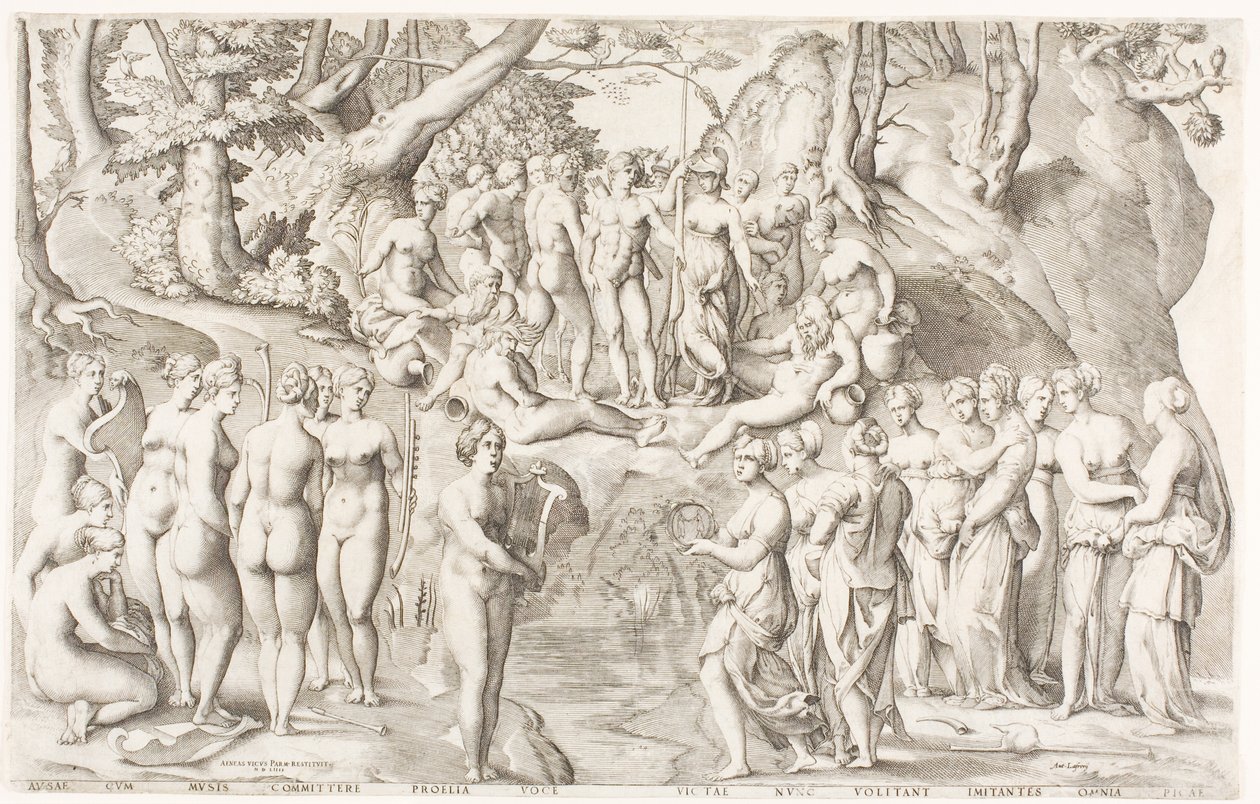 Het Geschil tussen de Muzen en de Dochters van Pierios op Parnassus door Enea Vico