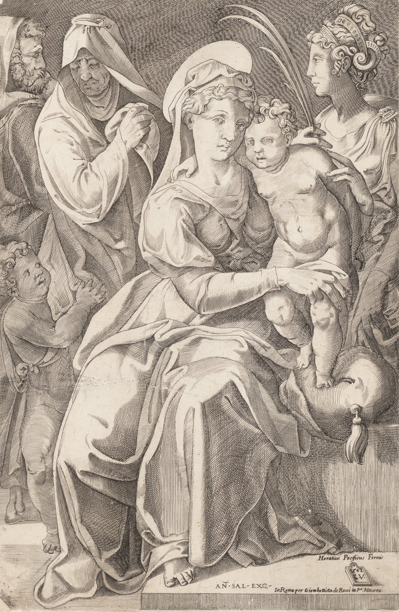 De Heilige Familie met St. Anna en St. Catharina door Enea Vico