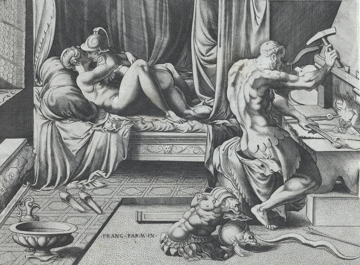 Venus en Mars omhelzen terwijl Vulcan werkt aan zijn smidse door Enea Vico