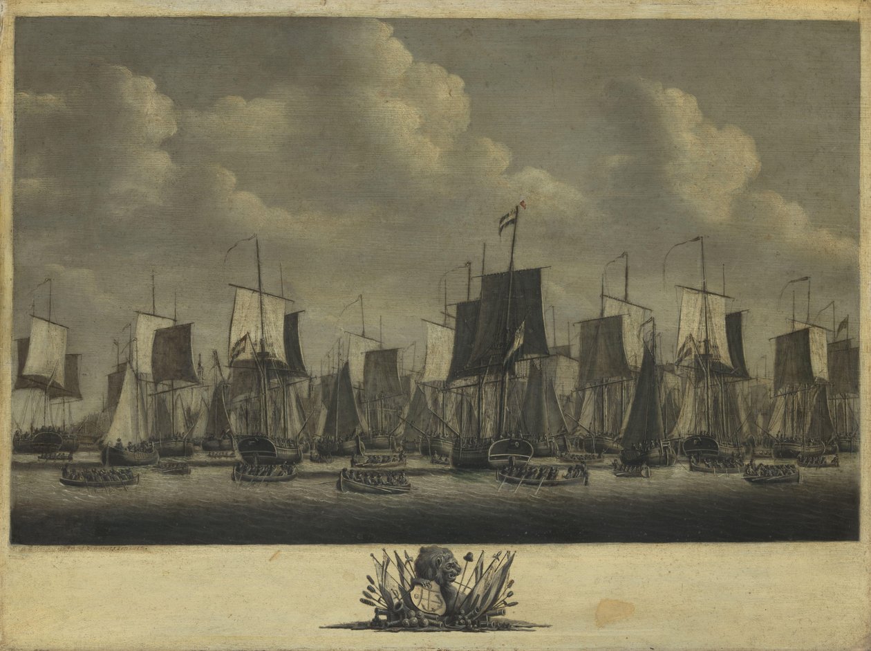 De vloot verlaat de haven van Vlissingen, 1804 door Engel Hoogerheyden