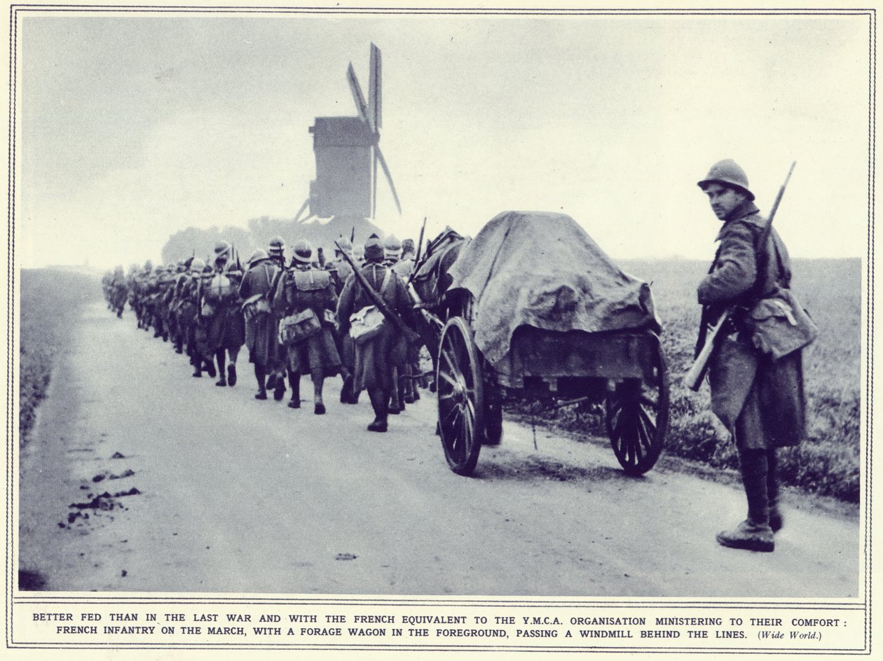 Franse infanterie op mars, met een voederwagen op de voorgrond, uit The Illustrated War News, gepubliceerd op 22 november 1939 door English Photographer