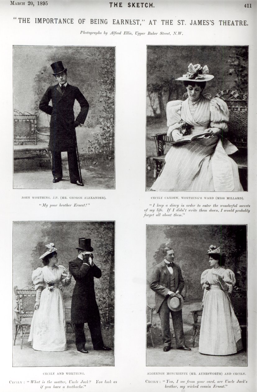 Scènes uit Het belang van Ernst, door Oscar Wilde, in het St. James Theatre, uit Sketch, 20 maart 1895 door English Photographer