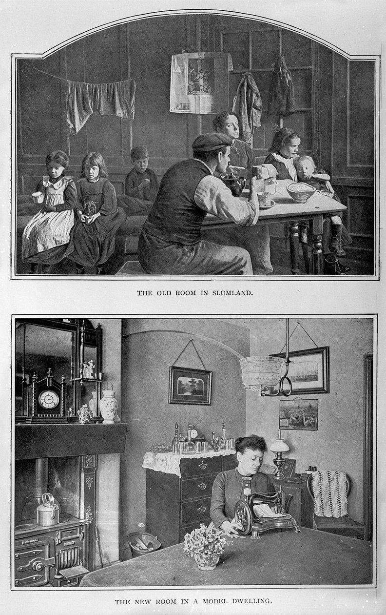 De oude kamer in Slumland en de nieuwe kamer in een modelwoning door English Photographer
